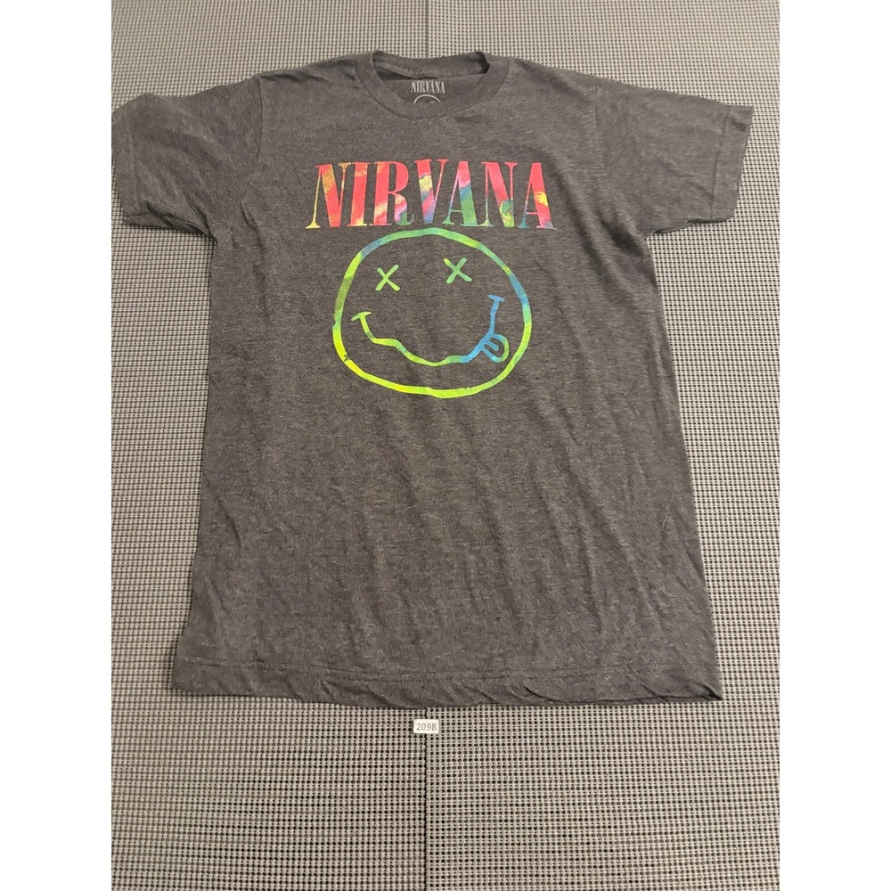 Nirvana Smiley Face Rainbow Tie Dye Graphic T-Shirt Charcoal Gray Mens Medium